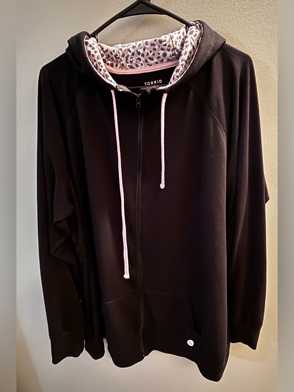 torrid Black Zip Active Hoodie with Pink Leopard Hood Lining and Thumbholes